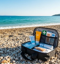 lékárnička na mořském pobřeží na oblázkové pláži, v pozadí moře