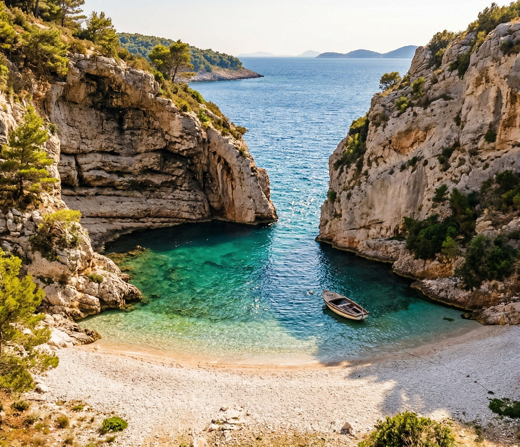 Krásná, malá a opuštěná chorvatská pláž, skrytá mezi útesy s tyrkysovou vodou.